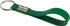 A green silicone sling keyring with a metal ring and a logo on the strap.