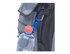 A blue keyring attachment holding a drink bottle, secured to a grey backpack. The attachment has a rounded clip design.