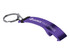 A drink bottle opener keyring in purple featuring a logo, with a metal keyring attachment.