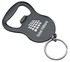 A drink bottle opener in dark grey with a keyring attachment and a logo displayed prominently.