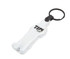 A clear keyring in a human silhouette shape, featuring a black logo and a keychain attachment.