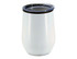 A double wall travel mug in white with a clear lid and a black accent band at the top. It features a logo.