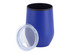 A travel mug in a vibrant blue colour with a clear lid. It features a smooth, double wall design and a logo.