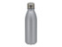 A drink bottle in matte silver aluminium with a silver screw-top lid and a logo.