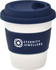 A reusable coffee cup in white and navy blue, featuring a silicone lid and a branding logo.
