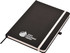 A black A5 notepad with a white elastic band and a logo on the cover.