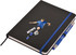 A black A5 notepad featuring a soccer player graphic, accompanied by a blue pen and elastic band.
