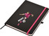 A black A5 notepad features a pink elastic closure and an illustration of a player kicking a soccer ball.