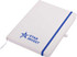 A white A5 notepad with a blue elastic band and a logo on the cover.