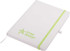 A white A5 notepad with a green elastic band and a logo on the cover.