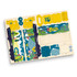 A wooden model kit featuring colourful pieces in yellow, blue, and green shapes, with a branded logo.
