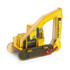 A yellow wooden model of an excavator with details on the construction theme, featuring a logo and intricate designs.