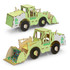 A wooden model of a wheel loader in green and natural wood tones, featuring a recycling theme and logo.