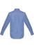 A back view of a men's long sleeve shirt in blue and white gingham check pattern, featuring a collar and button cuffs.