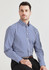 A men's long sleeve button-up shirt in a blue and white gingham check pattern, featuring a collar and a branding logo.