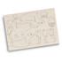 A wooden model kit featuring dog parts, with laser-cut outlines on a light wooden board.