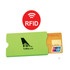 A green RFID card holder with a credit card partially inserted and a logo present.