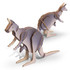 A wooden model of two kangaroos in shades of grey, featuring detailed cutouts and a logo on the base.