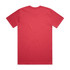 A red t-shirt with short sleeves and a plain back, featuring a logo.