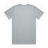 A plain light grey t-shirt displayed from the back, featuring a simple design and a logo.