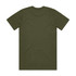 An olive green classic tee shirt with a round neckline and short sleeves, featuring a branding logo.
