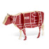 A wooden model of a cow in red and natural wood, featuring detailed sections labelled with meat cuts.