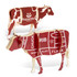 A wooden model of a cow in red and white, featuring cutout sections labelled with meat cuts. Includes branding.