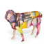 A wooden model of a sheep featuring a patchwork design in vibrant colours, with a logo displayed on its side.