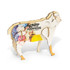 A wooden model of a sheep with colourful yarn decorations, featuring a logo on its side.