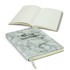 A marble-patterned soft cover notebook with lined pages, featuring a logo on the front.