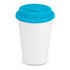 A double wall coffee cup featuring a white body and a bright blue silicone lid.