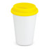 A double wall coffee cup featuring a white body and a bright yellow silicone lid, with a logo on it.