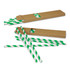 Green and white striped paper drinking straws in a brown packaging box, with some straws partially out of the box.