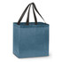 A blue tote bag with black handles, featuring a simple, squared design and a subtle textured appearance.