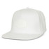 A white flat peak cap with a patch on the front and a logo on the side.