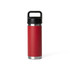 A drink bottle in red with a solid black handle and a stainless steel base, featuring a logo.
