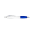 A plastic pen with a white body and blue grip, featuring a silver clip and trim, along with a branding logo.