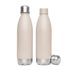 A drink bottle in beige with a stainless steel base and a matching screw cap, featuring a logo on the side.