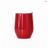 A red metal coffee cup with a sleek design and a silver lid, suitable for travel use. It features a logo.