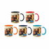 A drinkware collection featuring five two-tone sublimation mugs in black, red, orange, and blue with a logo.