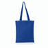 A blue tote bag with two handles and a solid design. It features a logo.