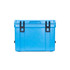 A blue cooler box with black clips and a sturdy handle, designed for keeping items cold.