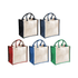 Medium jute supermarket totes in navy, red, green, and blue, featuring a plain fabric front and handles.