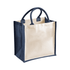 A medium jute supermarket tote in cream and navy, featuring sturdy handles and an unbranded design.