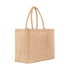 A light brown laminated jute supermarket bag with two handles and a simple, unbranded design.
