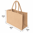 A jute supermarket bag in natural tan colour, featuring two handles and dimensions of 40cm wide, 32cm high, and 18cm deep.
