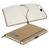 A brown hardcover notebook with a ribbon closure, featuring lined pages and a logo on the cover.