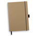 A brown hard cover notebook with an elastic band closure and a ribbon bookmark. It has a logo on the front.
