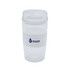 A reusable coffee cup in clear and white, featuring a logo and a cylindrical shape.