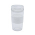 A reusable coffee cup in clear and white, featuring a textured band and a lid. Includes a logo.